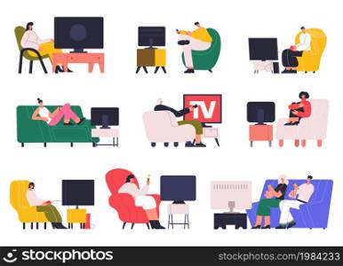 Characters, couples, families watching tv at home. People watching tv on couch, home leisure time tv viewing vector flat illustration set. Watching tv set couple at home, family on sofa. Characters, couples, families watching tv at home. People watching tv on couch, home leisure time tv viewing vector flat illustration set. Watching tv set