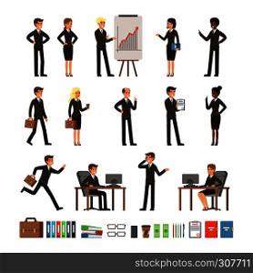 Characters design set business people man and woman, office workers directors, professional teams. Mascots in different action poses. Character professional employee and manager worker illustration. Characters design set of business people man and woman, office workers or directors, professional teams. Mascots in different action poses