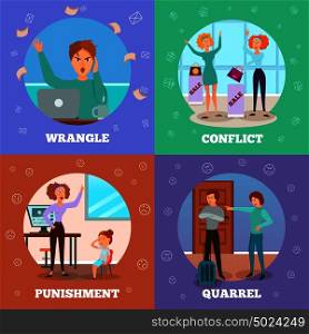 Characters expressing anger in conflict situation punishing kids quarreling wrangling 4 cartoon icons concept isolated vector illustration . Angry Characters 4 Icons Concept 