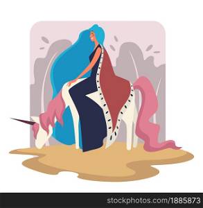 Characters from wonderland, princess with long hair riding unicorn. Queen on horse in dreamland, dreams or imagination, fairytale personages scenery. Fantasy or legends, vector in flat style. Fairytale princess riding on unicorn, dreamland characters vector