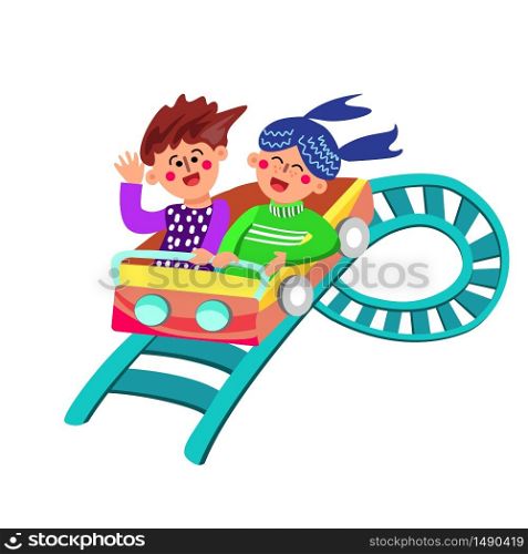Characters Have Fun Riding Rollercoaster Vector. Boy And Girl Having Happy Laughing And Enjoying Funny Time On Rollercoaster In Amusement Park. Playful Entertainment Flat Cartoon Illustration. Characters Have Fun Riding Rollercoaster Vector Illustration