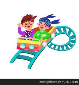 Characters Have Fun Riding Rollercoaster Vector. Boy And Girl Having Happy Laughing And Enjoying Funny Time On Rollercoaster In Amusement Park. Playful Entertainment Flat Cartoon Illustration. Characters Have Fun Riding Rollercoaster Vector Illustration