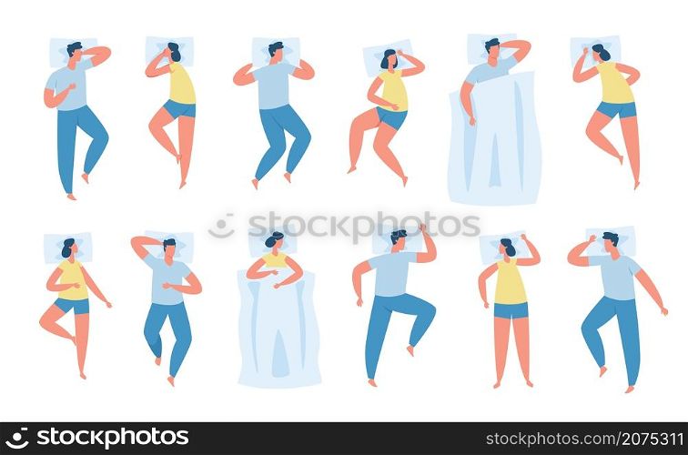 Characters in different sleeping poses, comfortable sleep positions. Men and women lying in bed on pillow, people resting vector set. Asleep male and female adults at bedtime top view. Characters in different sleeping poses, comfortable sleep positions. Men and women lying in bed on pillow, people resting vector set
