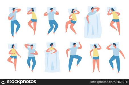 Characters in different sleeping poses, comfortable sleep positions. Men and women lying in bed on pillow, people resting vector set. Asleep male and female adults at bedtime top view. Characters in different sleeping poses, comfortable sleep positions. Men and women lying in bed on pillow, people resting vector set