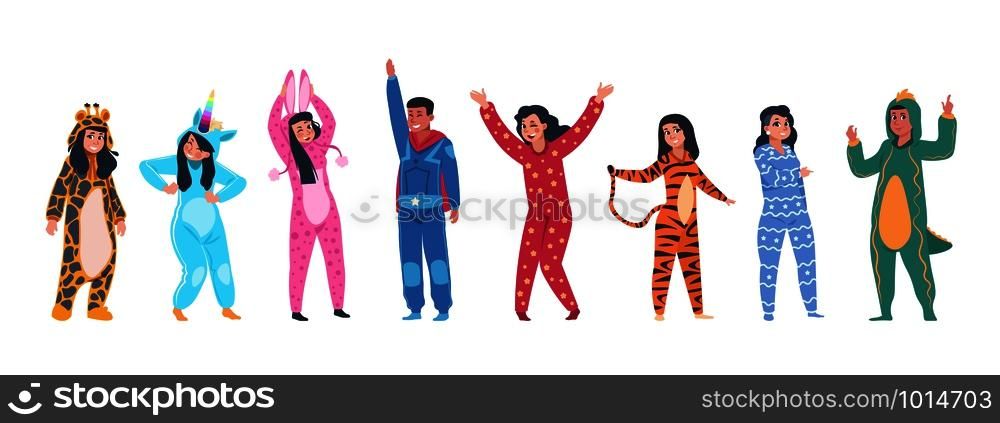 Characters in pajamas. Cartoon men and women in different pajamas, superheroes and animals costumes. Vector illustration pajama party, person in costume set rabbit giraffe superhero unicorn tiger. Characters in pajamas. Cartoon men and women in different pajamas, superheroes and animals costumes. Vector pajama party set