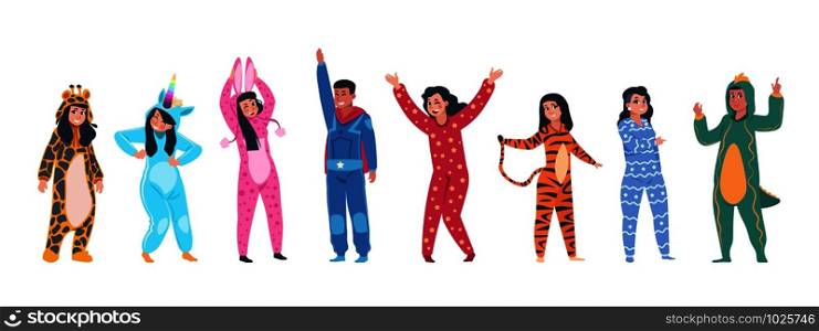 Characters in pajamas. Cartoon men and women in different pajamas, superheroes and animals costumes. Vector illustration pajama party, person in costume set rabbit giraffe superhero unicorn tiger. Characters in pajamas. Cartoon men and women in different pajamas, superheroes and animals costumes. Vector pajama party set