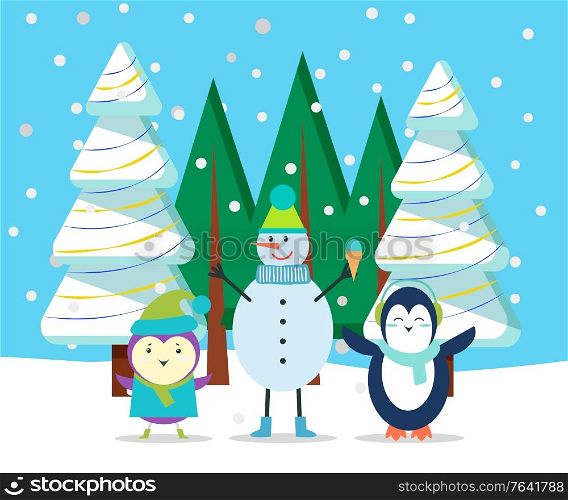 Characters in winter landscape. Forest with pine trees covered with snow. Snowfall and animals wearing warm clothes. Snowman in hat holding ice cream dessert. Spruce with garlands flat style vector. Winter Character in Forest, Snowman and Penguin