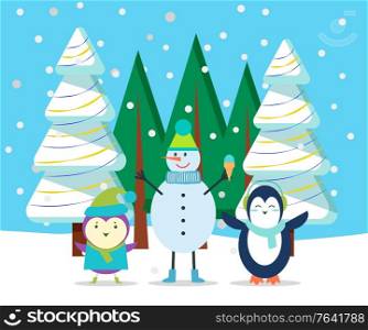 Characters in winter landscape. Forest with pine trees covered with snow. Snowfall and animals wearing warm clothes. Snowman in hat holding ice cream dessert. Spruce with garlands flat style vector. Winter Character in Forest, Snowman and Penguin