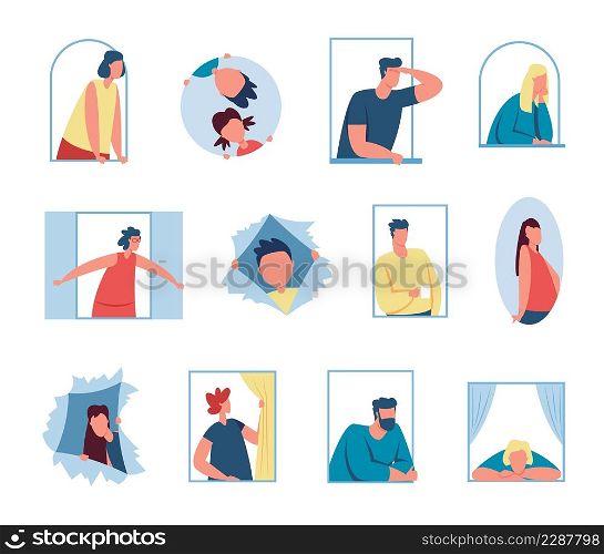 Characters looking out window, people peeping through hole in paper. Curious men and women peeking out windows, spying character vector set. Illustration of character person in window. Characters looking out window, people peeping through hole in paper. Curious men and women peeking out windows, spying character vector set