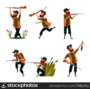 Characters of hunters. Vector cartoon illustrations of various hunter mascots. Hunter character with rifle and duck. Characters of hunters. Vector cartoon illustrations of various hunter mascots