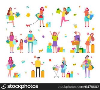 Characters on Shopping with Hands Full of Bags. Characters on shopping with hands full of colorful paper bags isolated vector illustration on white background. People buy presents set.