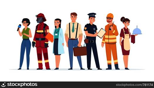 Characters professions. Factory workers business people engineer and doctor community concept. Vector different role man engineering career professionals. Characters professions. Factory workers business people engineer and doctor community concept. Vector career professionals
