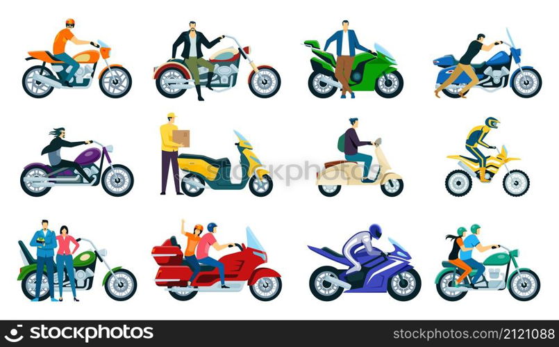 Characters riding motorcycles and scooters, motorbike riders. Men and women driving motorcycles, delivery man on scooter vector set. People on vehicles wearing helmets, having trips. Characters riding motorcycles and scooters, motorbike riders. Men and women driving motorcycles, delivery man on scooter vector set