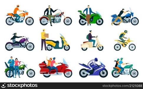 Characters riding motorcycles and scooters, motorbike riders. Men and women driving motorcycles, delivery man on scooter vector set. People on vehicles wearing helmets, having trips. Characters riding motorcycles and scooters, motorbike riders. Men and women driving motorcycles, delivery man on scooter vector set