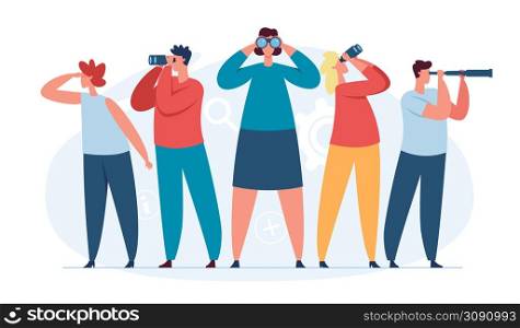 Characters searching for new ideas, business team looking into future. People look through binoculars, search for candidates vector concept. Job opportunities and recruitment concept. Characters searching for new ideas, business team looking into future. People look through binoculars, search for candidates vector concept