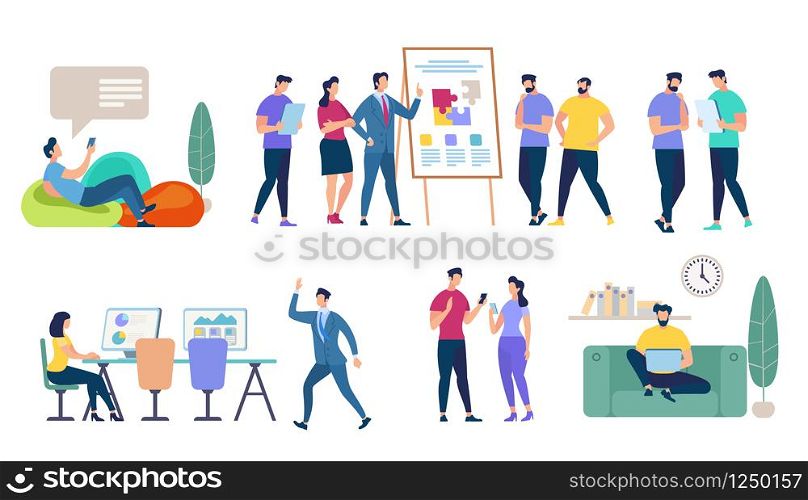 Characters Set Isolated on White Background. Business Seminar, Speaker Doing Presentation. Teamworking, Lounging Man, Girl Work on Computer, Comminicating People Cartoon Flat Vector Illustration.. People Characters Set Isolated on White Background