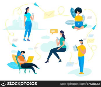 Characters Set. Young Men and Women Use Smartphone and Laptop for Reading News, Chatting, Texting Message to Friends. Internet Mobile App Icons. People App Addiction. Cartoon Flat Vector Illustration. Young Men and Women Use Smartphone and Laptop Set