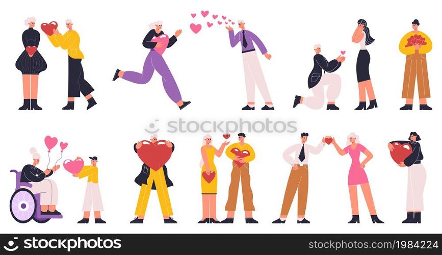 Characters sharing hearts, giving hearts to each other. People holding hearts, donating or valentines day concept vector illustration set. Love confession or philanthropy. Heart love and help. Characters sharing hearts, giving hearts to each other. People holding hearts, donating or valentines day concept vector illustration set. Love confession or philanthropy