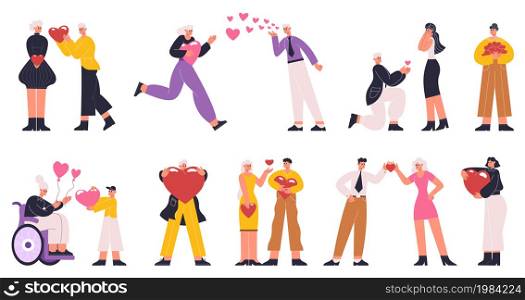 Characters sharing hearts, giving hearts to each other. People holding hearts, donating or valentines day concept vector illustration set. Love confession or philanthropy. Heart love and help. Characters sharing hearts, giving hearts to each other. People holding hearts, donating or valentines day concept vector illustration set. Love confession or philanthropy