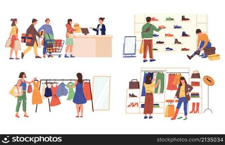 Characters shopping. People at retail store or supermarket with grocery bags and carts. Vector illustration happy cartoon friends and family at store friendly seller consultant. Characters shopping. People at retail store or supermarket with grocery bags and carts. Vector happy cartoon friends and family at store