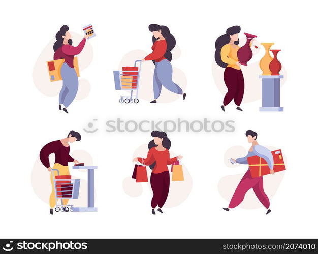 Characters shopping. Woman man buyers with product basket supermarket garish vector people. Illustration buyer in supermarket, customer with purchase. Characters shopping. Woman man buyers with product basket supermarket garish vector people