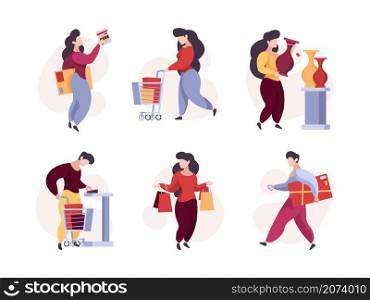 Characters shopping. Woman man buyers with product basket supermarket garish vector people. Illustration buyer in supermarket, customer with purchase. Characters shopping. Woman man buyers with product basket supermarket garish vector people