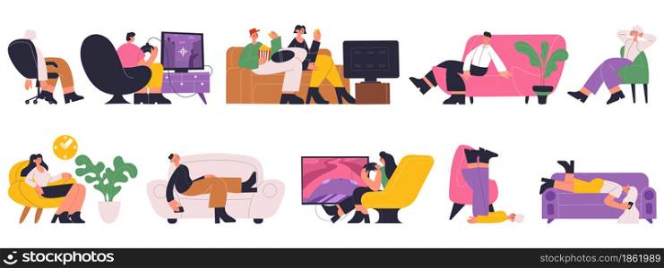 Characters sleeping, working, resting, watching tv on comfy sofas. People spending time, reading on couch vector illustration set. Women and men relaxing on comfy sofa. Character watching at computer. Characters sleeping, working, resting, watching tv on comfy sofas. People spending time, reading on couch vector illustration set. Women and men relaxing on comfy sofa