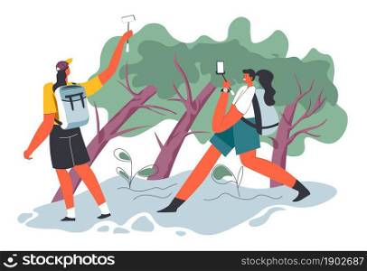 Characters traveling and posting video or photos from trip. Women with smartphones and backpacks walking in forest or woods with trees and lush greenery. Hikers on vacation. Vector in flat style. Backpackers traveling in park or forest with phone
