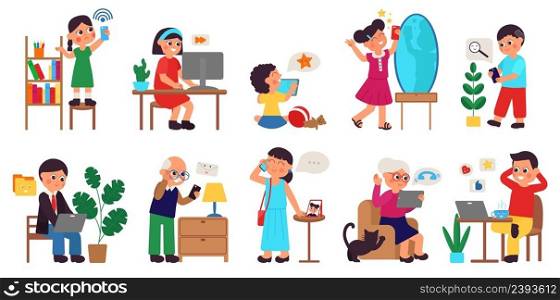 Characters using gadgets. Cartoon kids, use computer and digital devices. Boy with smartphone, social media addiction. Work from home decent vector set. Illustration of character with smartphone. Characters using gadgets. Cartoon kids, use computer and digital devices. Boy with smartphone, social media addiction. Work from home decent vector set
