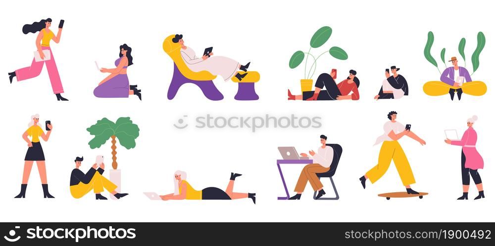 Characters using internet with mobile gadgets, smartphone, tablet, laptop. People playing games, chatting, reading e books vector illustration set. Social networking scenes. Character with smartphones. Characters using internet with mobile gadgets, smartphone, tablet, laptop. People playing games, chatting, reading e books vector illustration set. Social networking scenes