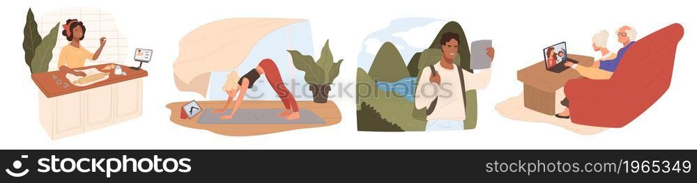 Characters using laptops and smartphones for communication, work and hobby. Senior people talking to relatives, person traveling and staying updated, doing yoga and cooking. Vector in flat style. People using internet and laptops for fun and work