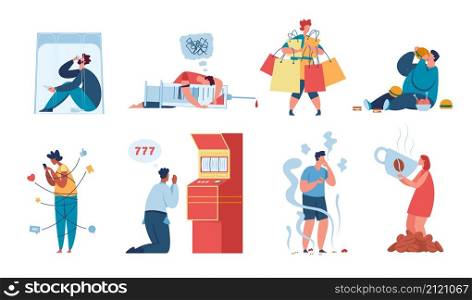 Characters with addictions and bad habits, people smoking or drinking. Character addicted to gambling, food and caffeine addiction vector set. Man and woman having problems with drugs and social media. Characters with addictions and bad habits, people smoking or drinking. Character addicted to gambling, food and caffeine addiction vector set
