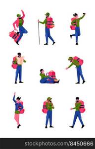 Characters with backpack. Hiking adventures climbing persons happy travellers garish vector flat illustrations set. Character hiking and journey. Characters with backpack. Hiking adventures climbing persons happy travellers garish vector flat illustrations set