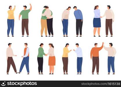 Characters with greeting gestures. People greet with waving, handshake, hug and high five. Flat man and woman bow. Polite welcome vector set. Illustration character person handshake greeting. Characters with greeting gestures. People greet with waving, handshake, hug and high five. Flat man and woman bow. Polite welcome vector set