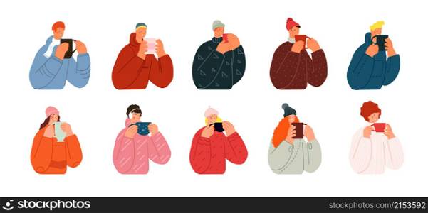 Characters with hot drinks. Winter happiness, autumn tea or coffee drink. Cold treatment, people wearing sweater drinking beverages utter vector set. Winter tea and coffee illustraton. Characters with hot drinks. Winter happiness, autumn tea or coffee drink. Cold treatment, people wearing sweater drinking beverages utter vector set