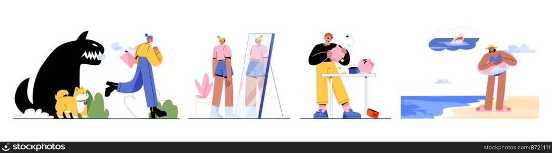 Characters with phobias, man with cynophobia run away from little dog, slim woman see fat reflection in mirror, guy counting coins in piggy bank, woman scared of sharks in sea Line art flat vector set. Characters with phobias, psychological problems