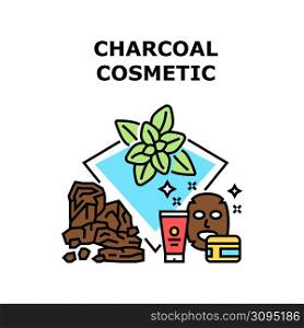 Charcoal Cosmetic Vector Icon Concept. Facial Mask And Scrub, Cream And Lotion Charcoal Cosmetic. Natural Ingredient Cosmetology Product For Clean And Moisturizing Face Skin Color Illustration. Charcoal Cosmetic Vector Concept Illustration