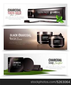 Charcoal Cosmetics Banners Set. Charcoal cosmetic horizontal banners collection with compositions of charcoal-based beauty products decorative images with text vector illustration