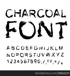 Charcoal font. Letters from charcoal. Black tattered alphabet. Imitate shapes of letters trace piece of coal. Manual alphabet. Coal texture letter&#xA;