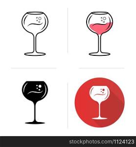 Chardonnay wineglass icons set. Alcohol beverage with bubbles. Sweet aperitif drink. Tableware, glassware. Bar, restaurant. Flat design, linear, black and color styles. Isolated vector illustrations