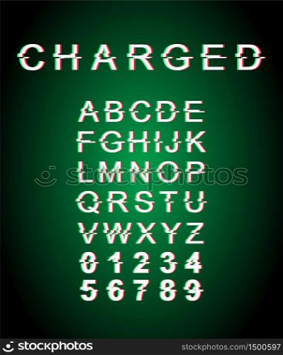 Charged glitch font template. Retro futuristic style vector alphabet set on green background. Capital letters, numbers and symbols. Full of energy typeface design with distortion effect