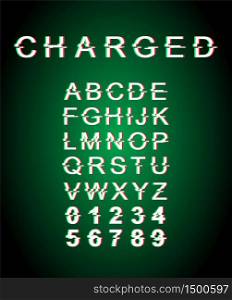 Charged glitch font template. Retro futuristic style vector alphabet set on green background. Capital letters, numbers and symbols. Full of energy typeface design with distortion effect