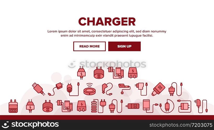 Charger Energy Device Landing Web Page Header Banner Template Vector. Wireless And Cable Electrical Charger, Car And Usb Charging Cord, Smartphone Battery Tool Illustrations. Charger Energy Device Landing Header Vector