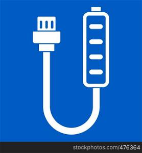 Charger icon white isolated on blue background vector illustration. Charger icon white