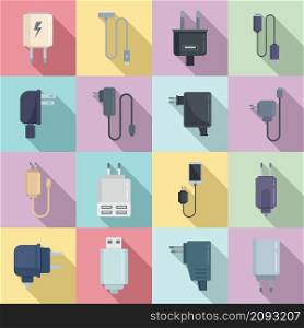 Charger icons set flat vector. Mobile charger. Usb cable. Charger icons set flat vector. Mobile charger