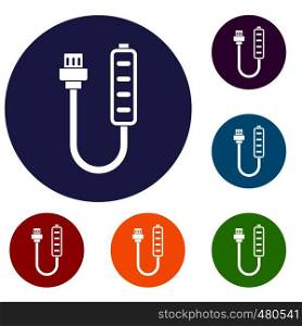 Charger icons set in flat circle red, blue and green color for web. Charger icons set