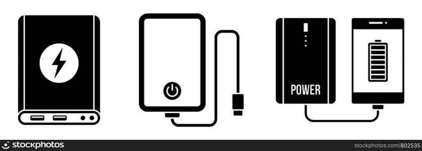 Charger power bank icon set. Simple set of charger power bank vector icons for web design on white background. Charger power bank icon set, simple style