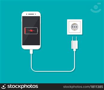 Charger with phone for charge battery of smartphone. Low level of charge in cellphone screen. Cable with plug, adapter and socket for empty battery. Power of energy in socket. Cartoon icon. Vector.. Charger with phone for charge battery of smartphone. Low level of charge in cellphone screen. Cable with plug, adapter and socket for empty battery. Power of energy in socket. Cartoon icon. Vector