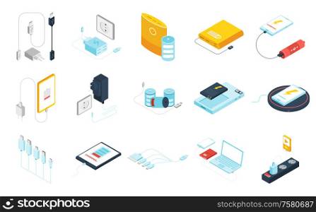 Chargers and power banks for different gadgets isometric icons set isolated on white background 3d vector illustration
