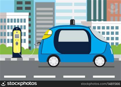 Charging blue futuristic electric car,city view on background,flat vector illustration. Charging blue futuristic electric car,city view on background